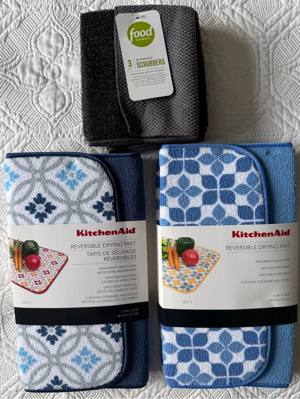 KitchenAid Blue Reversible Drying Mat - Set of 2 & 3 scrubbers